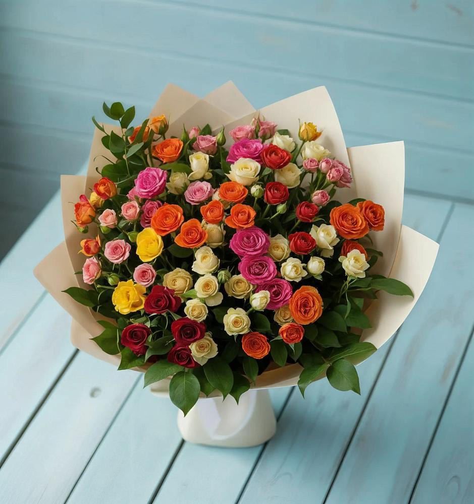 Букет Микс из разноцветных кустовых роз в Верховье