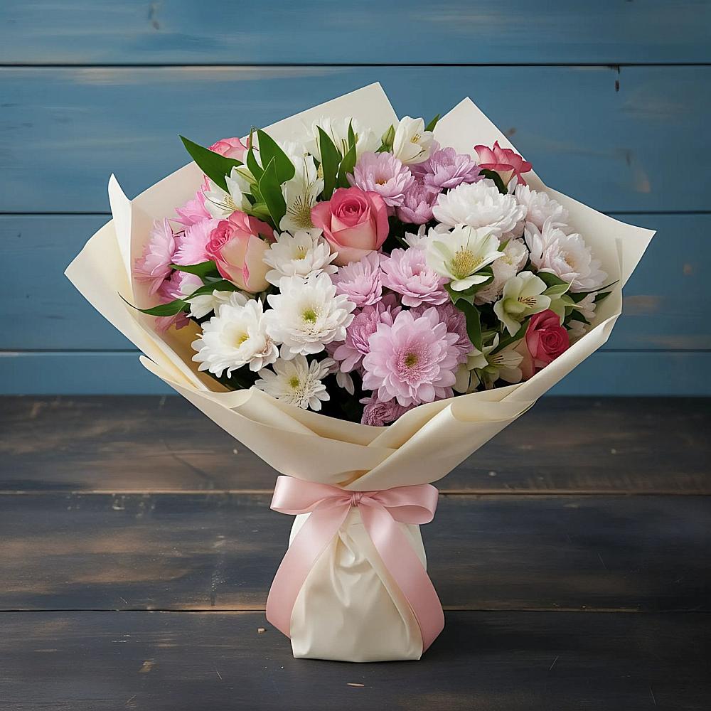 Букет цветов из: Хризантемы, Альстромерии и Розы в Верховье